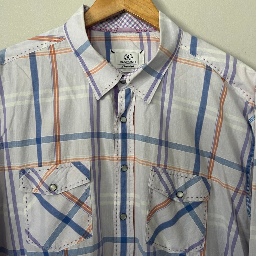 Bugatchi Shirt Mens XL White Purple Plaid Pearl Snap Shaped Fit Western Cotton